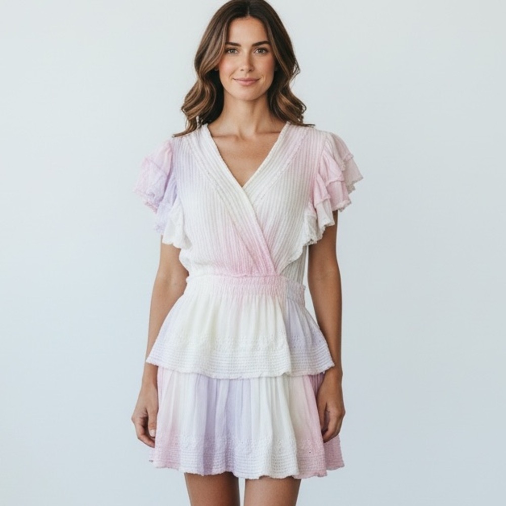 LoveShackFancy dress, tiered, lace, embroidery. Pastel, flutter sleeves, size XL